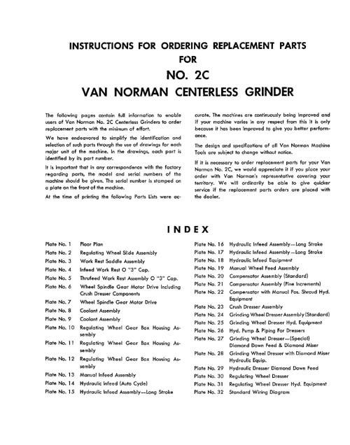 Van Norman No. 2C Centerless Grinder Parts Manual  